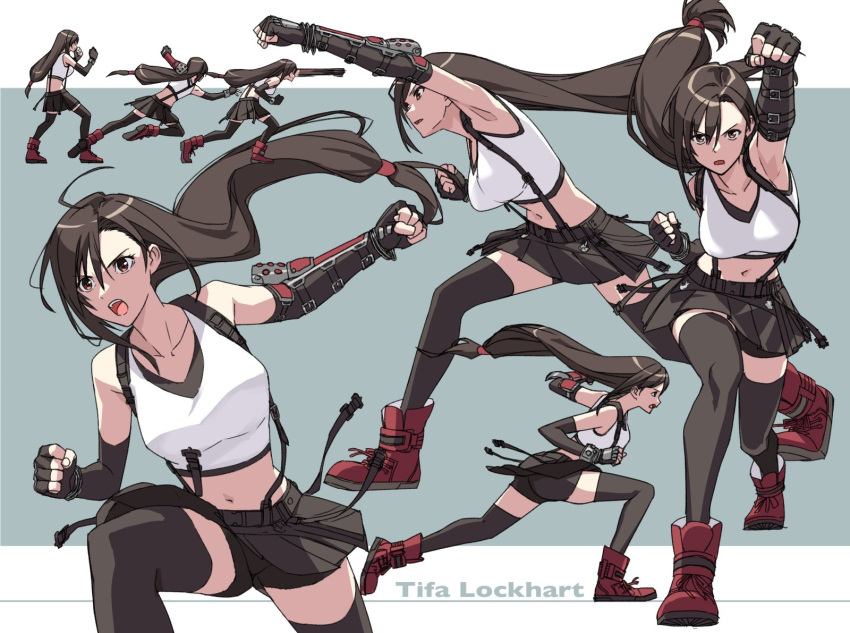 1girl bike_shorts bike_shorts_under_skirt black_hair black_skirt breasts brown_eyes clenched_hands crop_top dangle_earrings decoponmagi earrings fighting_stance final_fantasy final_fantasy_vii final_fantasy_vii_rebirth final_fantasy_vii_remake highres jewelry large_breasts long_hair looking_at_viewer low-tied_long_hair multiple_views open_mouth punching red_footwear sequential skirt suspender_skirt suspenders tank_top teeth thighhighs tifa_lockhart upper_teeth_only white_tank_top