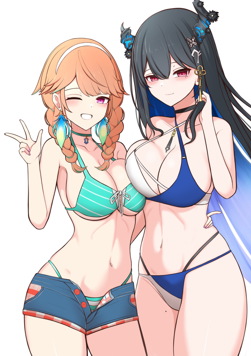 2girls absurdres asymmetrical_docking bikini bikini_under_shorts black_choker black_hair blue_bikini blue_hair braid breast_press breasts choker closed_mouth collarbone colored_inner_hair day demon_girl demon_horns frokiya green_bikini green_choker grin hairband hand_on_another's_hip hand_up highres hololive hololive_english horns large_breasts long_hair looking_at_viewer mole mole_on_thigh mole_under_eye multicolored_bikini multicolored_clothes multicolored_hair multiple_girls navel nerissa_ravencroft one_eye_closed open_fly orange_hair outdoors pink_eyes red_eyes short_shorts shorts simple_background smile stomach swimsuit takanashi_kiara transparent_background twin_braids two-tone_hair very_long_hair virtual_youtuber w white_hairband