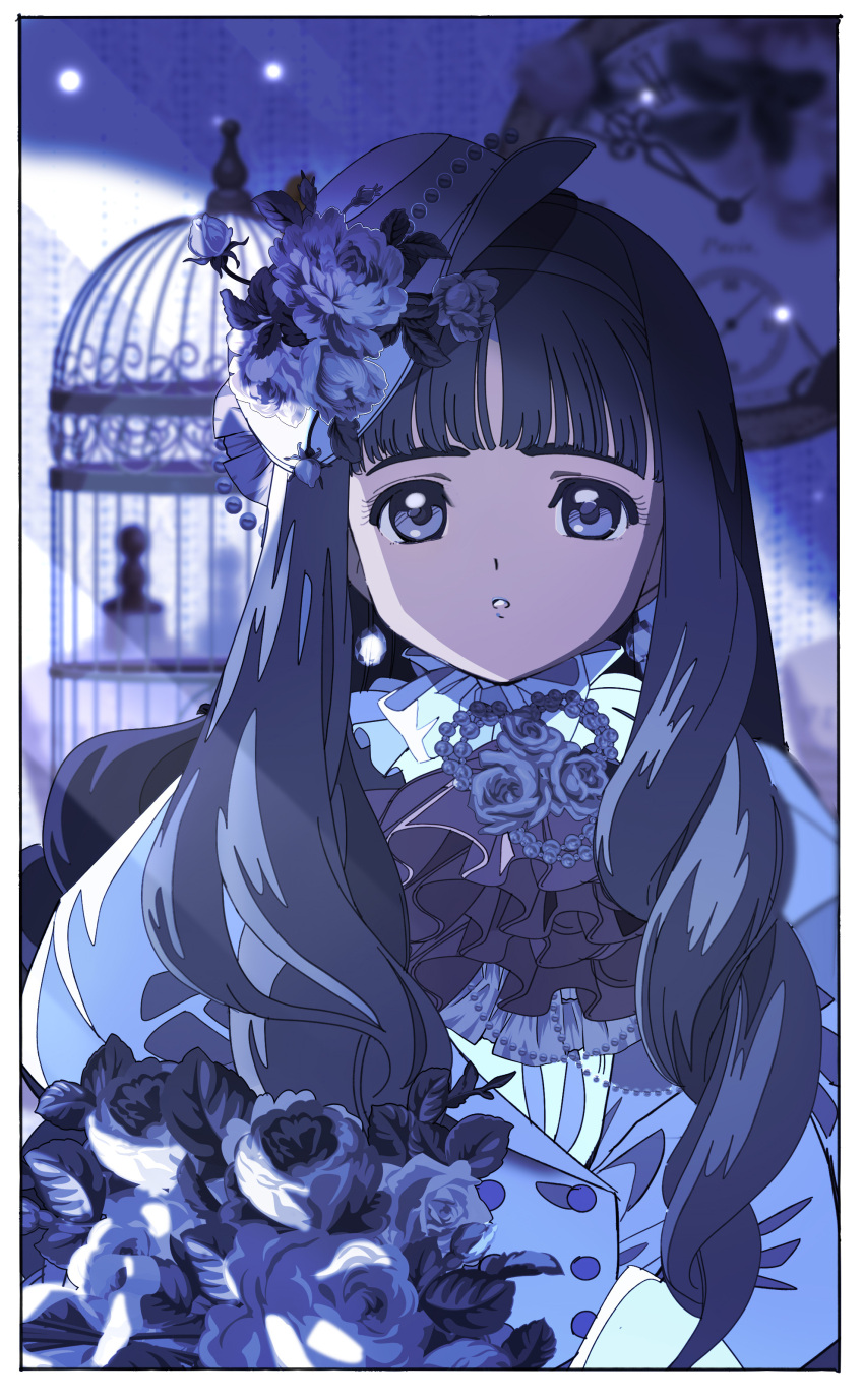 1girl absurdres analog_clock ascot birdcage black_hair blunt_bangs border bouquet bow buttons cage cardcaptor_sakura choker clock collared_jacket commentary daidouji_tomoyo double-breasted edoya_inuhachi expressionless flower flower_brooch frilled_choker frills hair_over_shoulder hat hat_bow highres hime_cut holding holding_bouquet indoors jacket juliet_sleeves light_particles long_hair long_sleeves looking_at_viewer mini_hat parted_lips puffy_sleeves purple_ascot purple_background purple_eyes purple_flower purple_hair purple_jacket purple_rose purple_sleeves purple_theme rose shirt solo symbol-only_commentary upper_body wavy_hair white_border white_choker white_shirt