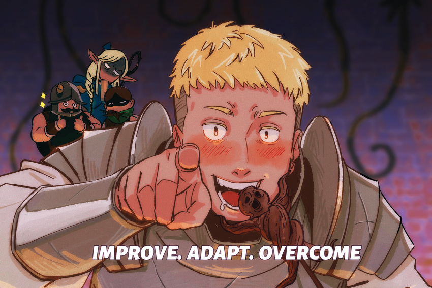 1girl 3boys armor beard black_hair blonde_hair blush bracer brown_hair chilchuck_tims drooling dungeon_meshi elf english_commentary english_text facial_hair fake_horns food hand_up hands_up head_tilt helmet highres holding holding_food horned_helmet horns improvise._adapt._overcome._(meme) indoors jade_poon_(pooniverse) kebab laios_touden long_beard long_hair looking_at_viewer mandrake_(dungeon_meshi) marcille_donato meme mouth_drool multiple_boys open_mouth pauldrons plant pointing pointing_at_viewer pointy_ears purple_background senshi_(dungeon_meshi) shaded_face short_hair shoulder_armor sparkling_aura thumbs_up undercut very_short_hair vines vomit yellow_eyes