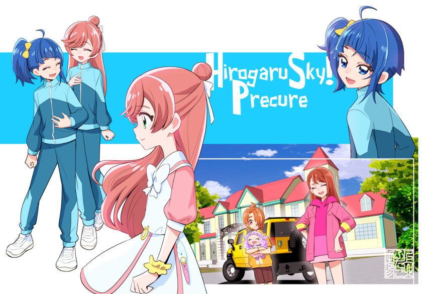 1boy 4girls ahoge artist_logo black_shorts blue_eyes blue_hair blue_jacket blue_pants bow bowtie brown_hair car carrying casual child_carry closed_eyes closed_mouth collared_dress copyright_name cut_bangs day dress ellee-chan hair_bun hair_over_one_eye hair_ribbon hands_on_own_hips hijiri_ageha hirogaru_sky!_precure hood hood_down hoodie house hummer hummer_h2 jacket kamikita_futago long_hair long_hoodie long_sleeves looking_at_viewer looking_back medium_hair mirage_pen motor_vehicle multiple_girls nijigaoka_mashiro open_clothes open_jacket open_mouth orange_hair outdoors pants pink_dress pink_hair pink_hoodie pink_jacket precure red_eyes ribbon scrunchie shirt shoes short_dress short_hair short_sleeves shorts side_ponytail single_hair_bun smile sneakers sora_harewataru swept_bangs track_jacket track_pants track_suit two-tone_dress white_bow white_bowtie white_dress white_footwear white_ribbon wind wrist_scrunchie yellow_ribbon yellow_scrunchie yellow_shirt yuunagi_tsubasa