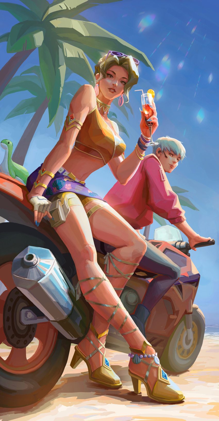 2girls absurdres adapted_costume apex_legends beach brown_footwear brown_hair chinese_commentary cropped_shirt cup drinking_straw food fruit grey_hair high_heels highres holding holding_cup iced_tea jacket lemon lemon_slice light_particles loba_(apex_legends) looking_at_viewer motor_vehicle motorcycle mu_wen_jie multiple_girls nessie_(respawn) ocean orange_shirt outdoors palm_tree parted_lips pouch purple_skirt red_jacket shirt short_hair sitting skirt sky sleeveless sleeveless_shirt thigh_pouch tree trouble_in_paradise_loba valkyrie_(apex_legends)