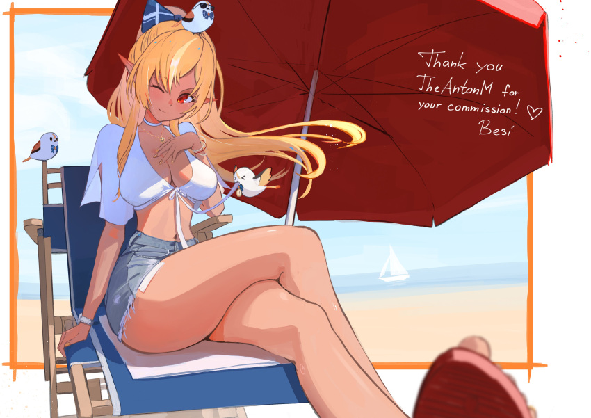 1girl absurdres beach beach_chair beach_umbrella besi_(besidoesart) bikini blonde_hair blue_sky blush bow breasts cleavage collarbone commission dark-skinned_female dark_elf dark_skin day denim denim_shorts elf elfriend_(shiranui_flare) hair_bow high_ponytail highres hololive horizon large_breasts long_hair looking_at_viewer multicolored_hair navel ocean outdoors pointy_ears ponytail red_eyes sand sandals shiranui_flare shorts sidelocks sky smile solo streaked_hair swimsuit umbrella virtual_youtuber water white_hair