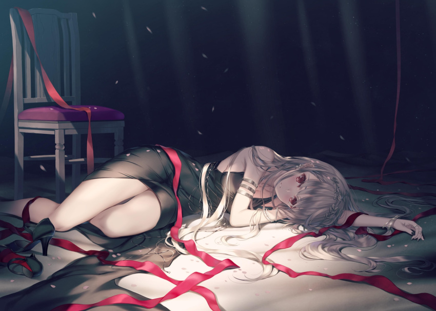 1girl armlet black_dress black_footwear black_nails chair dress grey_hair high_heels highres long_hair looking_at_viewer lying misaki_kurehito nail_polish on_side original pumps red_eyes red_ribbon ribbon short_dress sleeveless sleeveless_dress solo very_long_hair