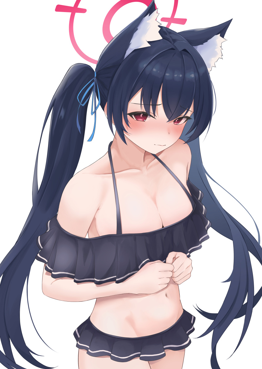 1girl absurdres animal_ear_fluff animal_ears bare_shoulders bikini black_bikini blue_archive blush breasts cat_ears cat_girl cleavage closed_mouth collarbone commentary_request halo highres hiiragi7s looking_at_viewer medium_breasts navel nose_blush off-shoulder_bikini off_shoulder official_alternate_costume paid_reward_available red_eyes red_halo serika_(blue_archive) serika_(swimsuit)_(blue_archive) simple_background solo swimsuit twintails white_background