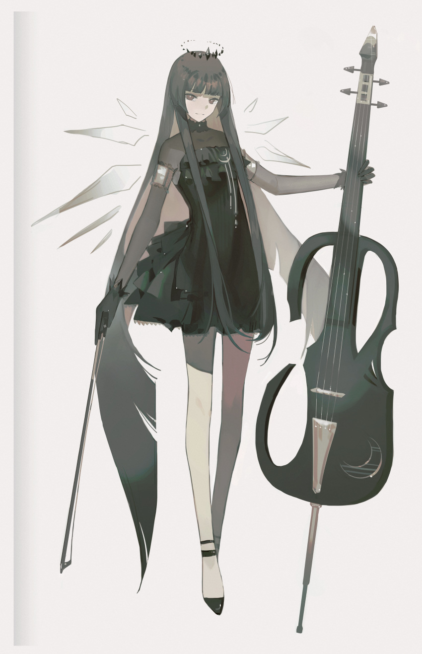 1girl absurdres ambience_synesthesia arknights black_dress black_footwear black_gloves black_hair black_halo blunt_bangs bow_(music) closed_mouth detached_wings dress full_body gloves grey_eyes halo highres hime_cut holding holding_bow_(music) holding_instrument holding_violin instrument long_hair looking_at_viewer muted_color official_alternate_costume shoes solo very_long_hair violin virtuosa_(arknights) wings yuishironeko