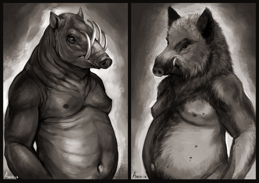 2016 anisis anthro babirusa belly black_border black_eyes boar body_hair border deep_navel digital_media_(artwork) digital_painting_(artwork) duo freckles front_view fur gradient_background grey_background greyscale hairless hairy half-length_portrait happy_trail looking_at_viewer male mammal monochrome musclegut navel nipples nude outline overweight overweight_male pig_nose porcine portrait signature simple_background tusks white_background wrinkles
