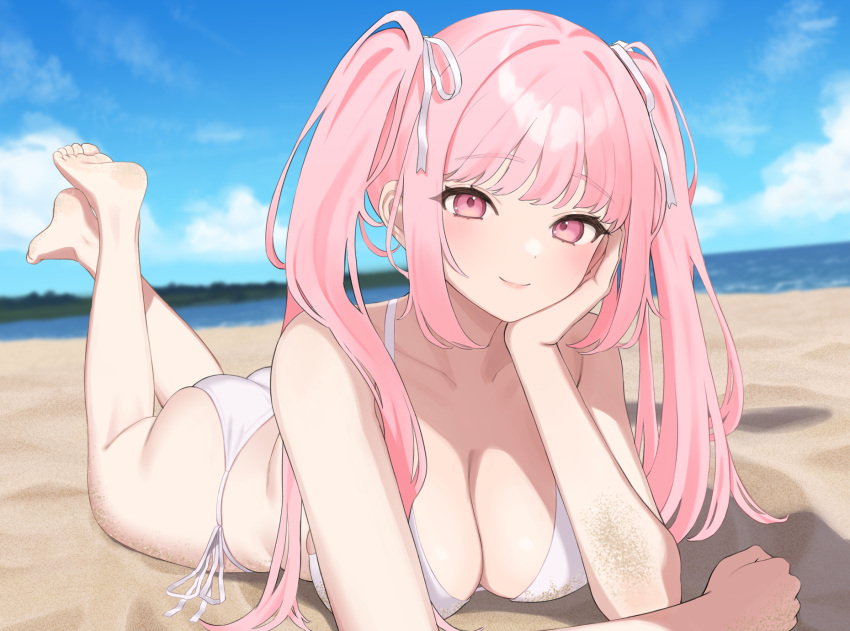 1girl bare_arms bare_shoulders barefoot beach bikini breasts cleavage closed_mouth day feet hair_ribbon head_rest highres large_breasts legs_up long_hair looking_at_viewer lying on_stomach original outdoors pink_eyes pink_hair ribbon sand side-tie_bikini_bottom sidelocks smile solo string_bikini sunlight sutochan swimsuit the_pose thighs white_bikini