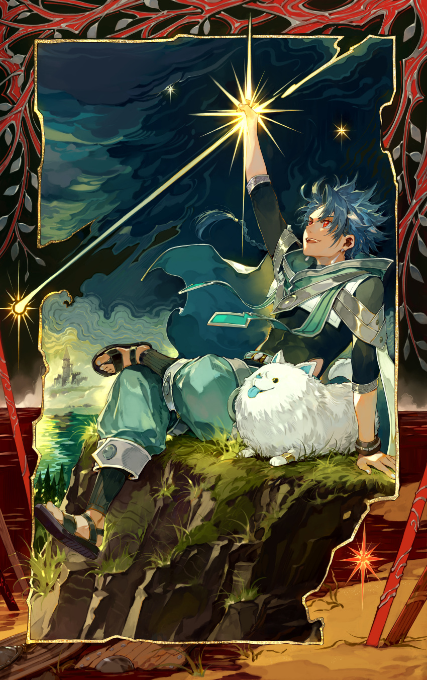 1boy absurdres animal asymmetrical_bangs blue_hair bodysuit bodysuit_under_clothes bracelet braid braided_ponytail capelet child cliff cu_chulainn_(fate) dog earrings fate/grand_order fate_(series) figure_four_sitting full_body gae_bolg_(fate) highres holding hood hooded_capelet jewelry kuzen long_hair male_focus muscular muscular_child puffy_pants puppy red_eyes samoyed_(dog) setanta_(fate) sitting smile spiked_hair star_(symbol) white_dog white_wolf