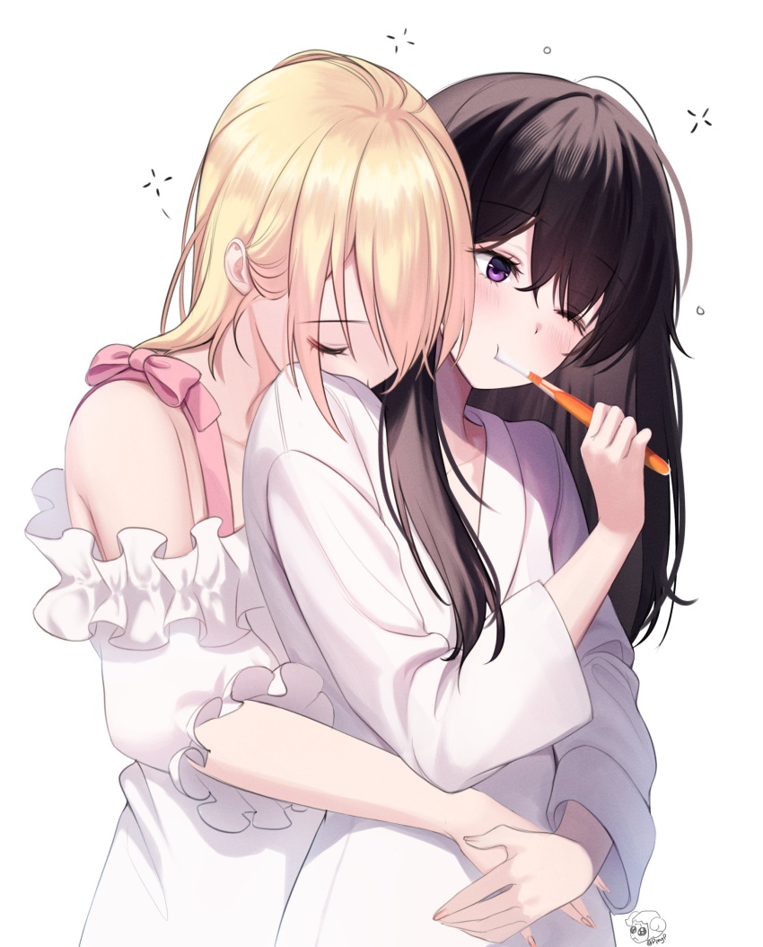 2girls absurdres bare_shoulders black_hair blonde_hair brushing_teeth closed_eyes dress frilled_dress frills highres holding_hands hug hyeyoon_0205 inoue_takina long_bangs long_hair looking_to_the_side lycoris_recoil messy_hair multiple_girls nishikigi_chisato pink_ribbon ribbon robe signature simple_background toothbrush upper_body white_background white_dress white_robe yuri