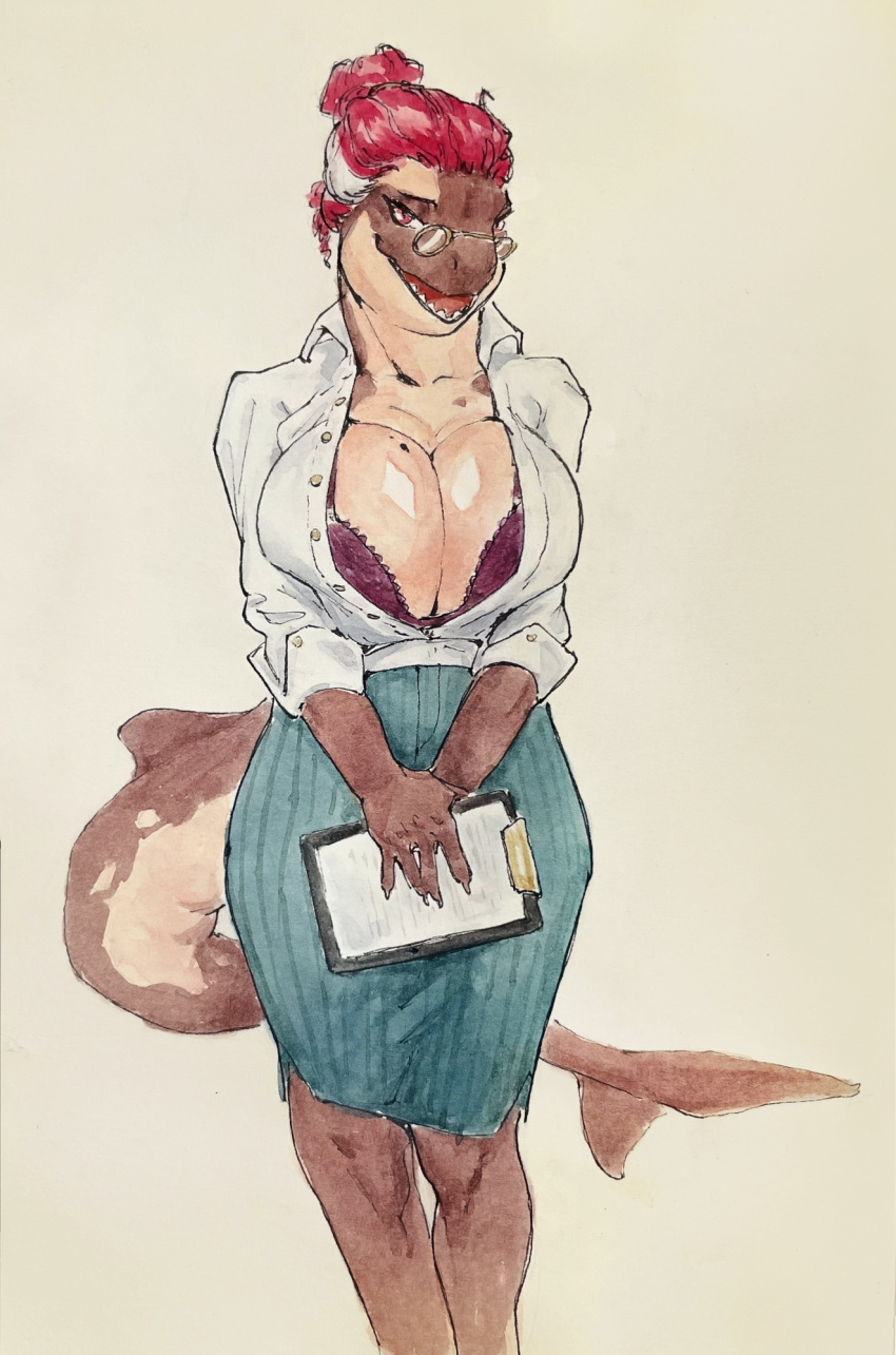 anthro big_breasts bottomwear bra breasts cetacean cleavage clothed clothing dolphin eyewear female glasses hair hair_bun hi_res kass_(neracoda) mammal marine neracoda oceanic_dolphin orca rolled_up_sleeves skirt solo tail teeth tongue toothed_whale underwear