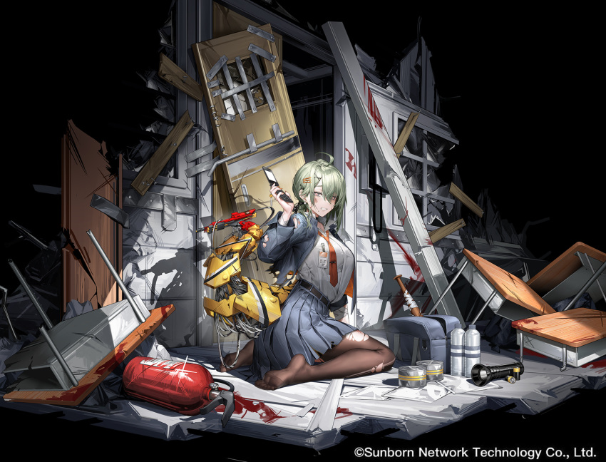 1girl ahoge bag baseball_bat battery belt black_background black_belt black_choker black_pantyhose blazer blood blue_bag blue_jacket blue_skirt bottle breasts broken_window can cellphone choker classroom collared_shirt copyright_notice de_lacey_(neural_cloud) desk door faux_figurine fire_extinguisher flashlight flip_phone from_side full_body girls'_frontline girls'_frontline_neural_cloud green_hair grin hair_between_eyes hair_ornament hand_up highres holding holding_phone id_card jacket large_breasts looking_at_viewer mechanical_tail miniskirt mole mole_under_mouth multicolored_eyes necktie no_shoes official_alternate_costume official_art open_bag open_clothes open_jacket orange_necktie pantyhose phone pleated_skirt purple_eyes red_eyes rubble ruins scar scar_on_face school_bag school_desk school_uniform shirt shirt_tucked_in skirt smile solo symbol-shaped_pupils tail teeth tented_shirt torn_clothes torn_jacket torn_pantyhose vinegar_kira water_bottle white_shirt x_hair_ornament