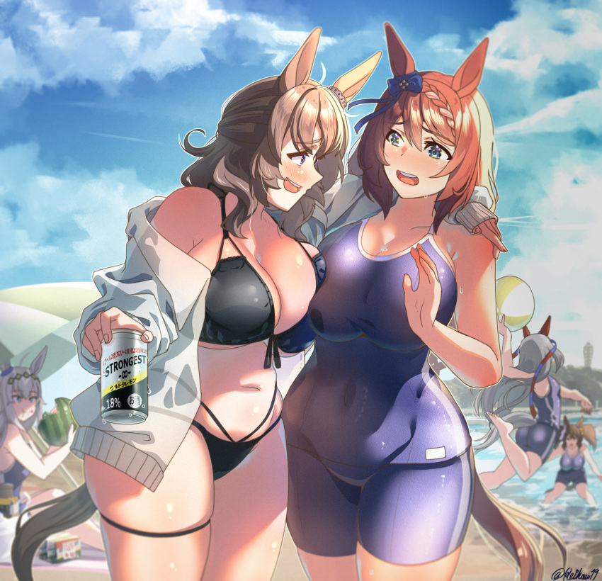 5girls alcohol animal_ears arm_around_shoulder asymmetrical_docking bag ball bare_legs beach beach_towel beach_umbrella beachball beer_can bikini black_bikini blue_eyes blue_one-piece_swimsuit blue_sky braid breast_press breasts brown_hair can cleavage cloud commentary_request covered_navel drink_can drunk eating food front-tie_top fruit grey_hair grin hair_ribbon hairband highleg highleg_bikini highres holding holding_can horse_ears horse_girl horse_tail inari_one_(umamusume) jumping large_breasts light_hello_(umamusume) long_bangs long_hair looking_at_another multiple_girls navel nervous nervous_smile ocean off_shoulder oguri_cap_(umamusume) one-piece_swimsuit open_clothes open_shirt outdoors plastic_bag purple_eyes reihou19 ribbon see-through see-through_shirt shirt signature sitting sky smile standing super_creek_(umamusume) swimsuit tail tamamo_cross_(umamusume) thigh_strap towel tracen_swimsuit umamusume umbrella wading watermelon white_hair white_shirt