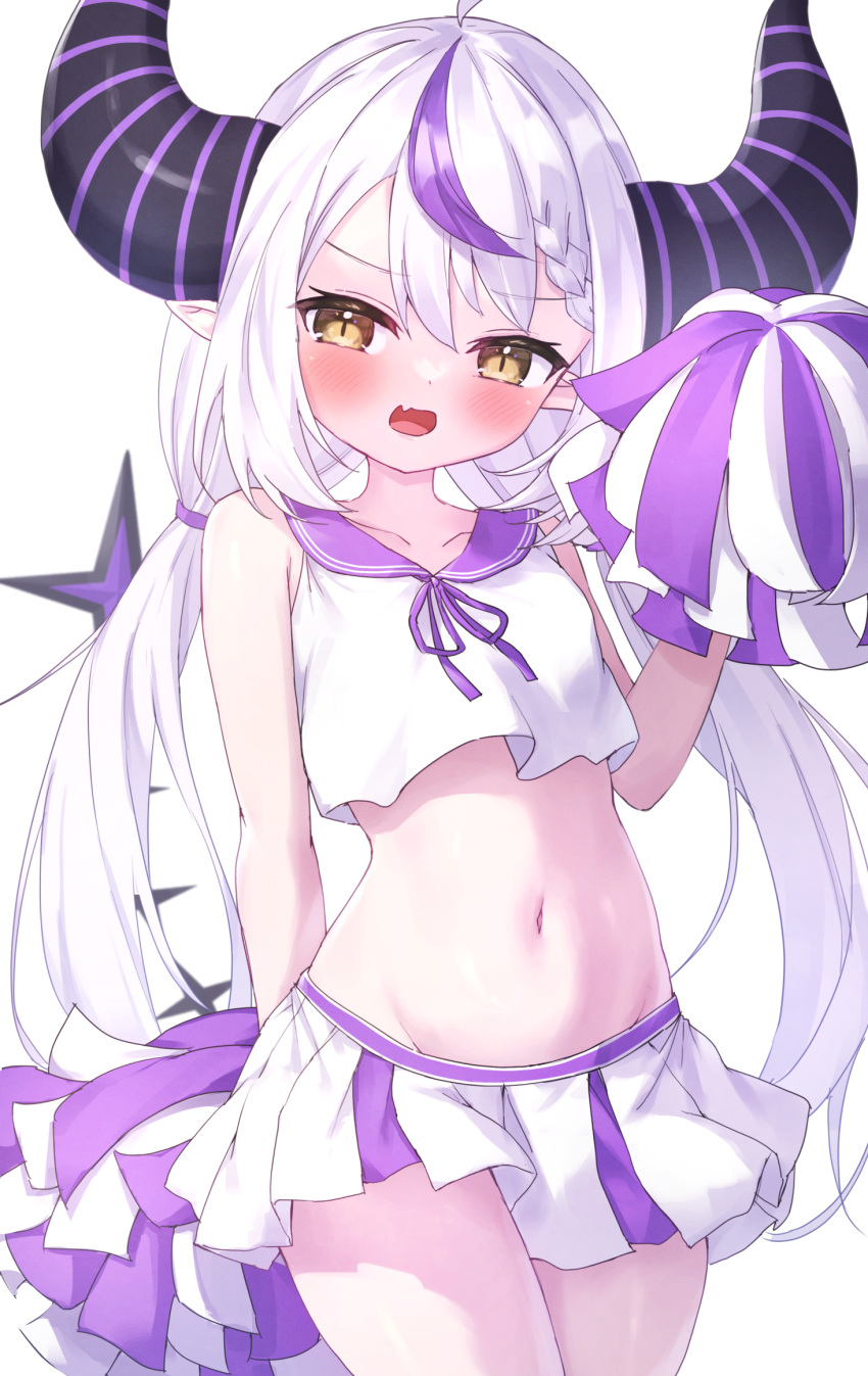 1girl ahoge bare_shoulders blush braid braided_bangs breasts brown_eyes cheerleader collarbone commentary_request crop_top demon_horns fang groin hair_between_eyes hand_up highres hololive horns la+_darknesss looking_at_viewer low_twintails masaki_(msk064) midriff multicolored_hair navel neck_ribbon open_mouth pleated_skirt pom_pom_(clothes) purple_hair purple_ribbon purple_sailor_collar ribbon sailor_collar shirt simple_background skirt sleeveless sleeveless_shirt small_breasts solo standing streaked_hair twintails virtual_youtuber white_background white_hair white_shirt white_skirt