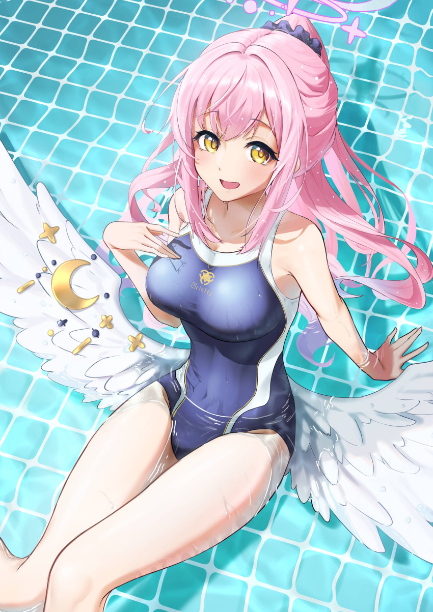 1girl absurdres bare_arms bare_legs blue_archive blue_one-piece_swimsuit blue_scrunchie breasts collarbone commentary_request feathered_wings floating_hair from_above hair_ornament hair_scrunchie highres kinoyama_(0202) long_hair looking_at_viewer medium_breasts mika_(blue_archive) one-piece_swimsuit open_mouth partial_commentary pink_hair ponytail scrunchie sitting solo swimsuit white_wings wings yellow_eyes