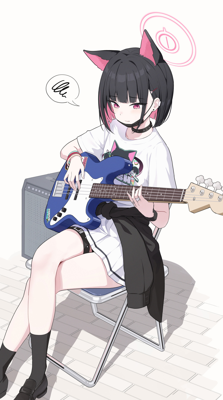 1girl absurdres animal_ears bass_guitar black_collar black_footwear black_hair black_jacket black_mask black_socks blue_archive cat_ears clothes_around_waist collar commentary crossed_legs earclip earrings extra_ears halo highres instrument jacket jacket_around_waist jewelry kazusa_(band)_(blue_archive) kazusa_(blue_archive) loafers looking_down mask mask_around_neck mouth_mask music official_alternate_costume on_chair pink_eyes pink_hair pink_halo playing_instrument pleated_skirt shirt shoes short_hair short_sleeves simple_background sitting skirt socks solo stud_earrings tem_(tempainting1) white_background white_shirt white_skirt wristband