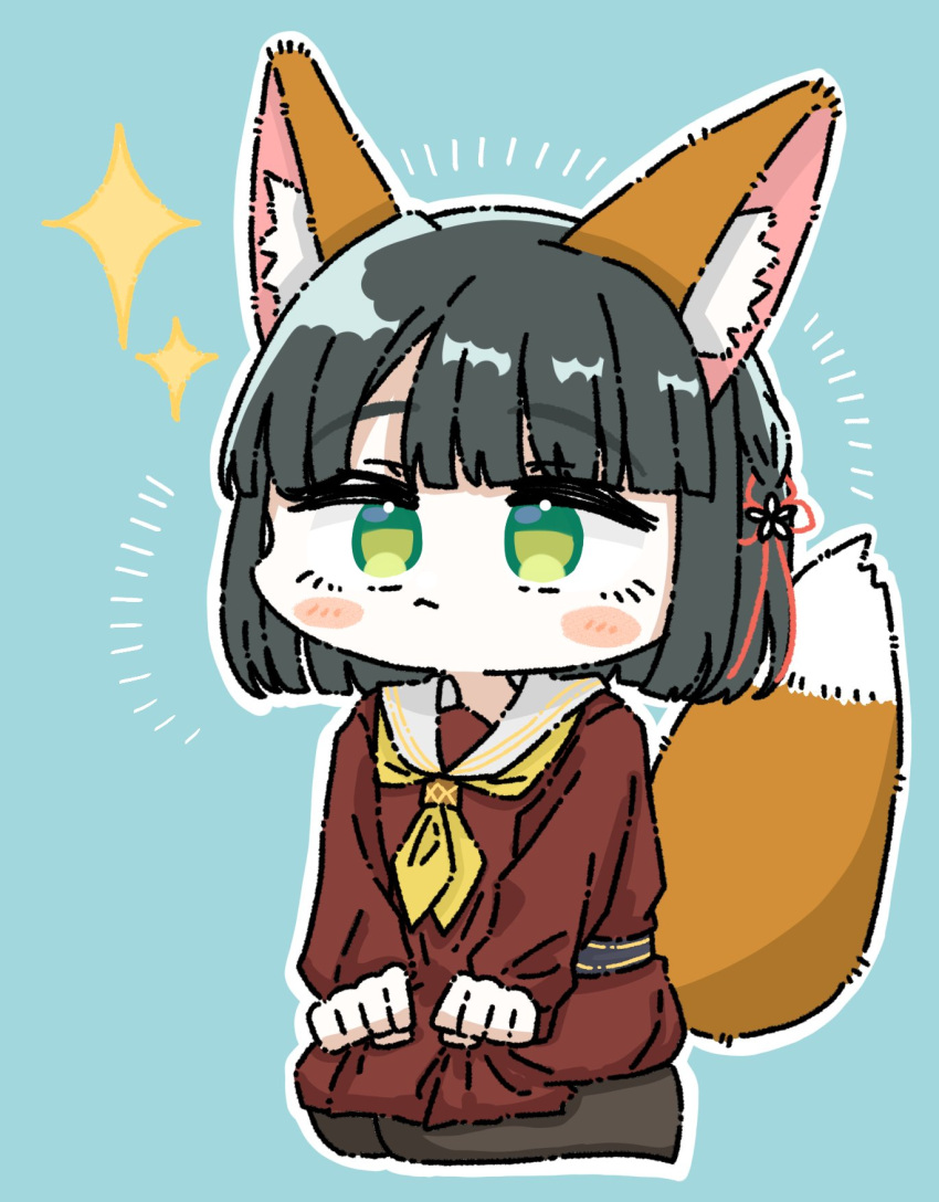 1girl :&lt; animal_ears black_hair black_pantyhose blue_background blunt_bangs blunt_ends blush_stickers brown_dress closed_mouth commentary deformed dress emphasis_lines flower flower_knot fox_ears fox_girl fox_tail full_body green_eyes hair_flower hair_ornament hands_on_lap hasu_no_sora_school_uniform highres link!_like!_love_live! long_sleeves love_live! medium_dress momose_ginko neckerchief no_shoes outline pantyhose pleated_dress puripuri_hurai sailor_collar sailor_dress school_uniform seiza short_hair sitting solo sparkle tail virtual_youtuber white_outline white_sailor_collar winter_uniform yellow_neckerchief