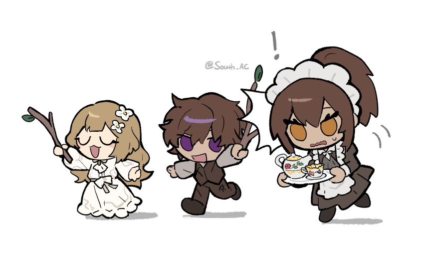 ! 1boy 2girls :d aged_down apron blonde_hair brown_hair catherine_(project_moon) chibi chinese_commentary closed_eyes cup dress flower hair_flower hair_ornament heathcliff_(project_moon) highres holding holding_tray limbus_company long_hair maid maid_apron maid_headdress multiple_girls nelly_(project_moon) orange_eyes ponytail project_moon purple_eyes running smile south_ac stick sweatdrop teacup teapot tray twitter_username white_background white_dress