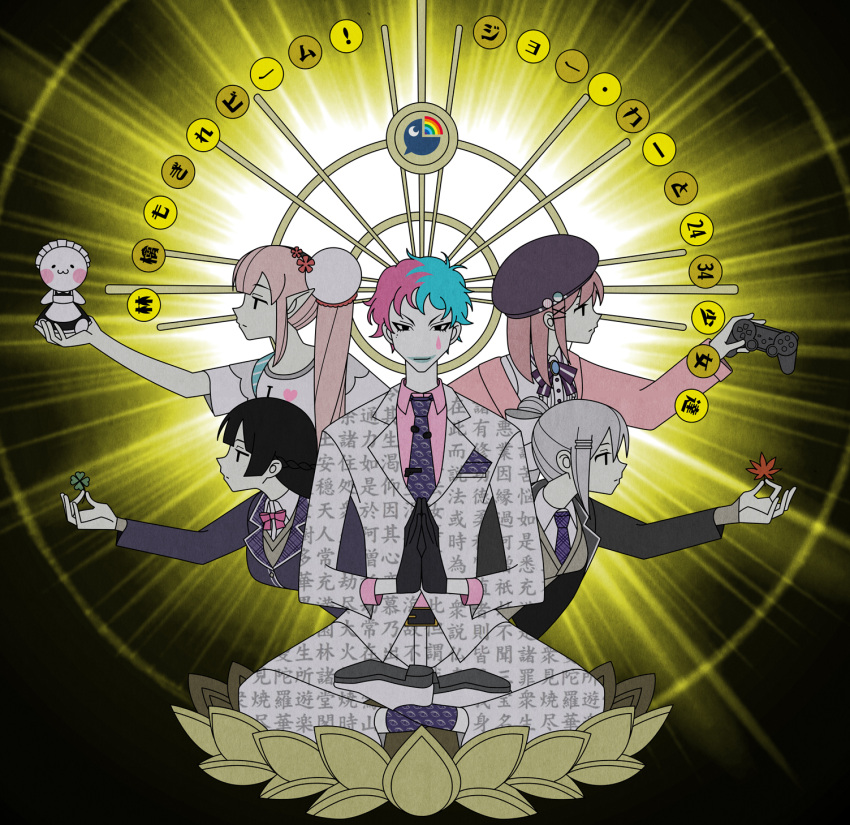 1boy 4girls behind_another beret black_background black_eyes black_gloves black_hair black_jacket blue_hair blunt_bangs bow bowtie breasts buddhism cardigan character_name closed_mouth clover clown collared_shirt company_logo controller doll dress_shoes elu_(1st_costume)_(nijisanji) elu_(nijisanji) expressionless facepaint four-leaf_clover game_controller gloves grey_sweater hat highres higuchi_kaede higuchi_kaede_(1st_costume) hime_cut hinoyama_ena holding holding_clover holding_controller holding_doll holding_game_controller holding_leaf jacket joe_rikiichi joe_rikiichi_(1st_costume) kumeta_kouji_(style) kuusou_rumba large_breasts leaf long_hair long_pointy_ears long_sleeves looking_at_viewer lotus_pedestal lotus_sutra maple_leaf medium_hair mole mole_under_eye multicolored_hair multiple_girls neck_ribbon necktie nijisanji palms_together pants parody pink_bow pink_bowtie pink_cardigan pink_hair pink_shirt pointy_ears ponytail print_jacket print_necktie print_pants print_socks profile purple_necktie purple_socks ribbon ringo_mogire_beam sayonara_zetsubou_sensei school_uniform shirt short_hair short_sleeves side_ponytail sitting smile smirk socks song_name straight-on style_parody suit suzuhara_lulu suzuhara_lulu_(1st_costume) sweater t-shirt teardrop_facial_mark text_print translation_request tsukino_mito tsukino_mito_(1st_costume) two-tone_hair unmoving_pattern v-shaped_eyebrows virtual_youtuber white_footwear white_pants white_suit