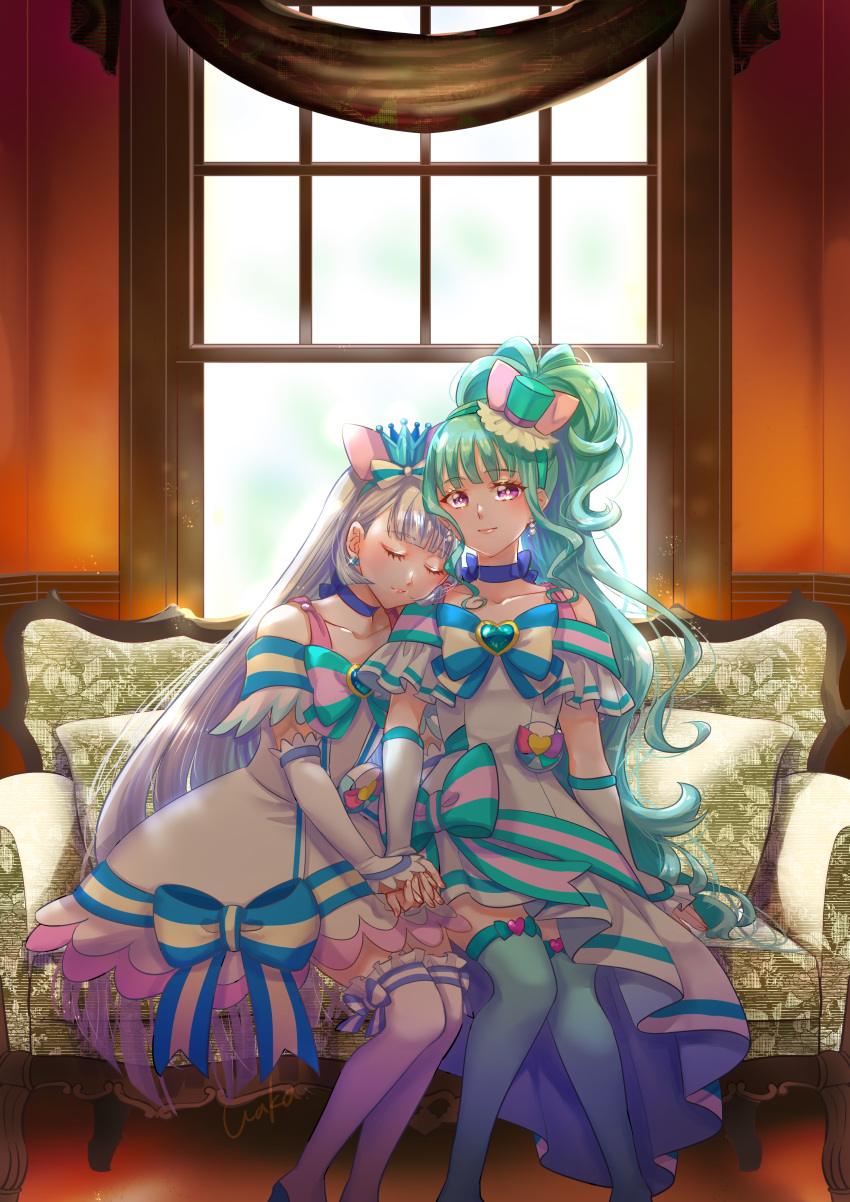 2girls absurdres aqua_hair aqua_hairband aqua_hat aqua_thighhighs blue_choker blue_crown blue_hairband bow brooch choker closed_eyes collarbone couch crown crown_bow crown_earrings cure_lillian cure_nyammy dress dress_bow earrings facing_viewer hairband hat hat_bow head_on_another's_shoulder heart heart_brooch highres holding_hands jewelry light_smile long_hair looking_at_viewer magical_girl mini_crown mini_hat multicolored_bow multiple_girls nekoyashiki_mayu nekoyashiki_yuki on_couch pink_bow pink_eyes pointed_crown pouch precure ribbon_choker side_ponytail sitting striped_bow thighhighs waka_(negronoir) white_arm_warmers white_dress white_hair white_thighhighs window wonderful_precure! zettai_ryouiki