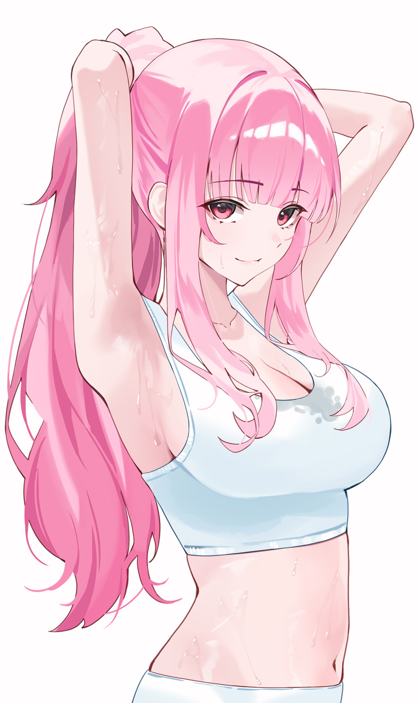 1girl adjusting_hair arms_behind_head breasts cleavage closed_mouth commentary highres hololive hololive_english large_breasts long_hair looking_at_viewer michelan midriff mori_calliope navel pink_eyes pink_hair ponytail sidelocks simple_background smile solo sports_bra sweat symbol-only_commentary virtual_youtuber white_background white_sports_bra