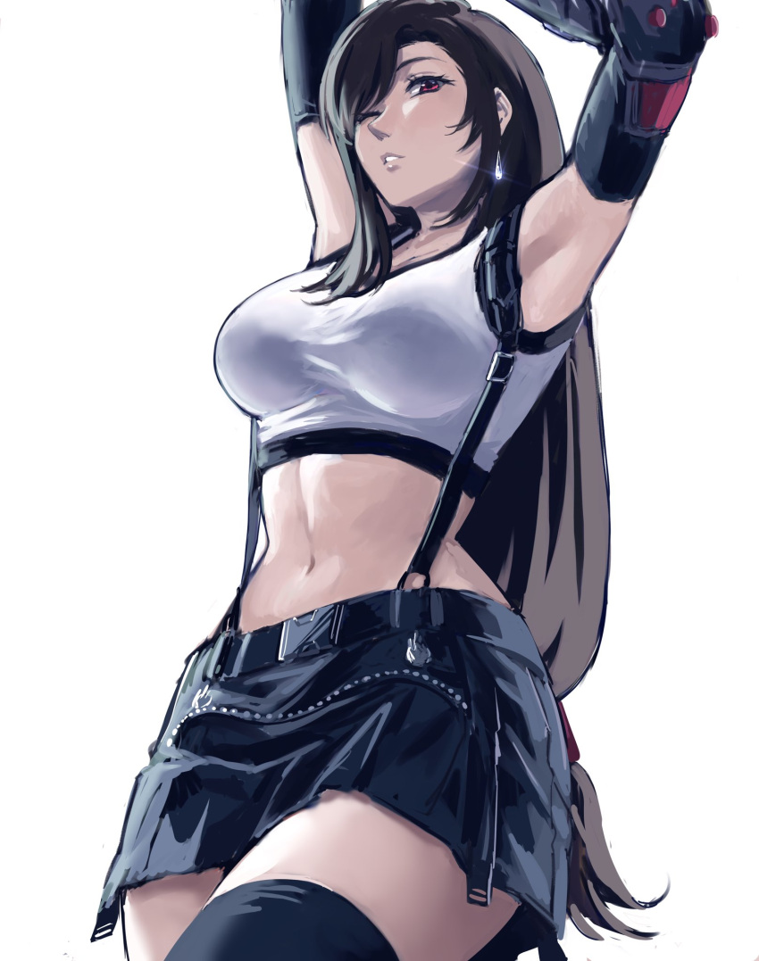 1girl armpits arms_up black_hair black_skirt black_thighhighs breasts commentary cowboy_shot crop_top earrings elbow_gloves english_commentary final_fantasy final_fantasy_vii final_fantasy_vii_rebirth final_fantasy_vii_remake glint gloves highres jewelry kivavis large_breasts long_hair looking_at_viewer low-tied_long_hair midriff navel one_eye_closed parted_lips red_eyes simple_background single_earring single_sidelock skirt solo stretching suspender_skirt suspenders swept_bangs tank_top teardrop_earrings thighhighs tifa_lockhart very_long_hair white_background zettai_ryouiki