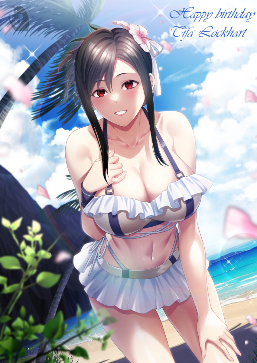 1girl bare_shoulders bikini black_hair blush breasts cleavage collarbone final_fantasy final_fantasy_vii final_fantasy_vii_remake grin highres large_breasts long_hair looking_at_viewer navel red_eyes smile solo swimsuit thighs tifa_lockhart zaregoto_tsukai_no_deshi