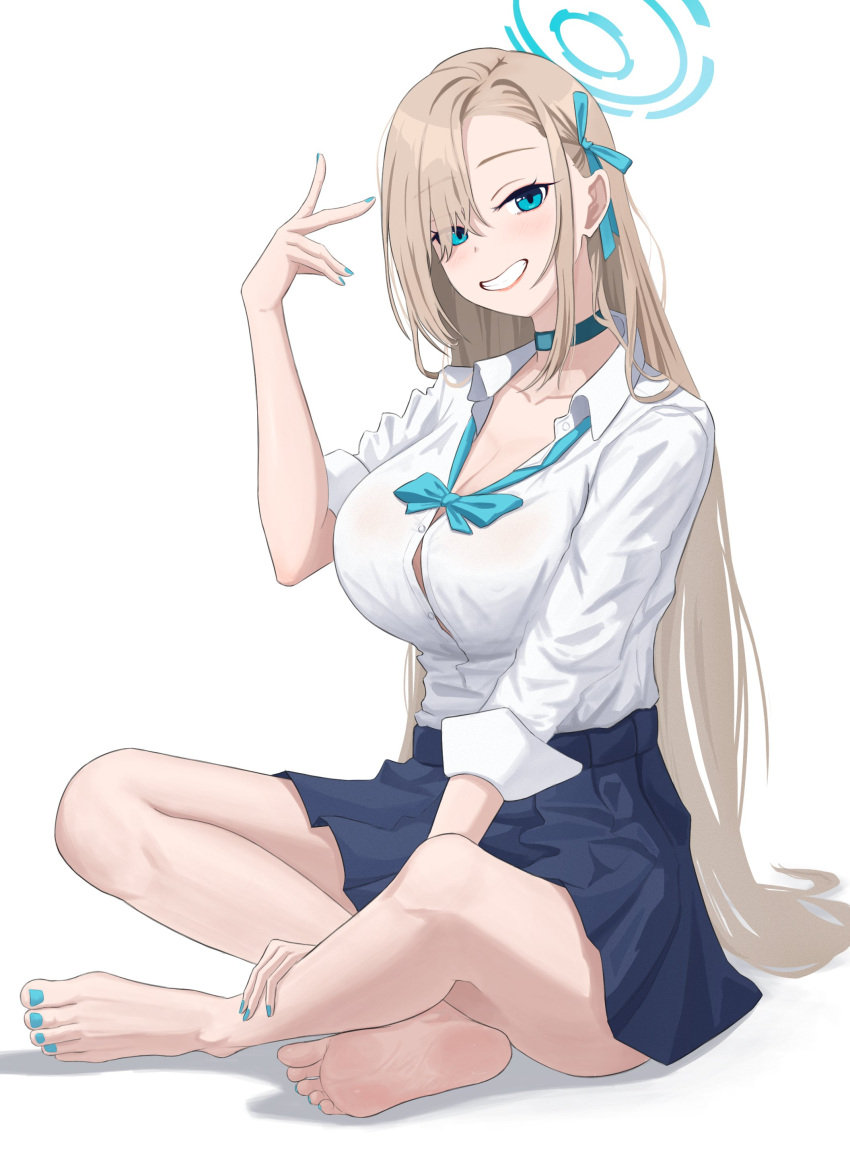 absurdres asuka62899193 asuna_(blue_archive) blonde_hair blue_archive blue_bow blue_bowtie blue_eyes blue_nails bow bowtie choker halo highres nail_polish school_uniform shirt skirt sleeves_rolled_up toenail_polish toenails white_shirt