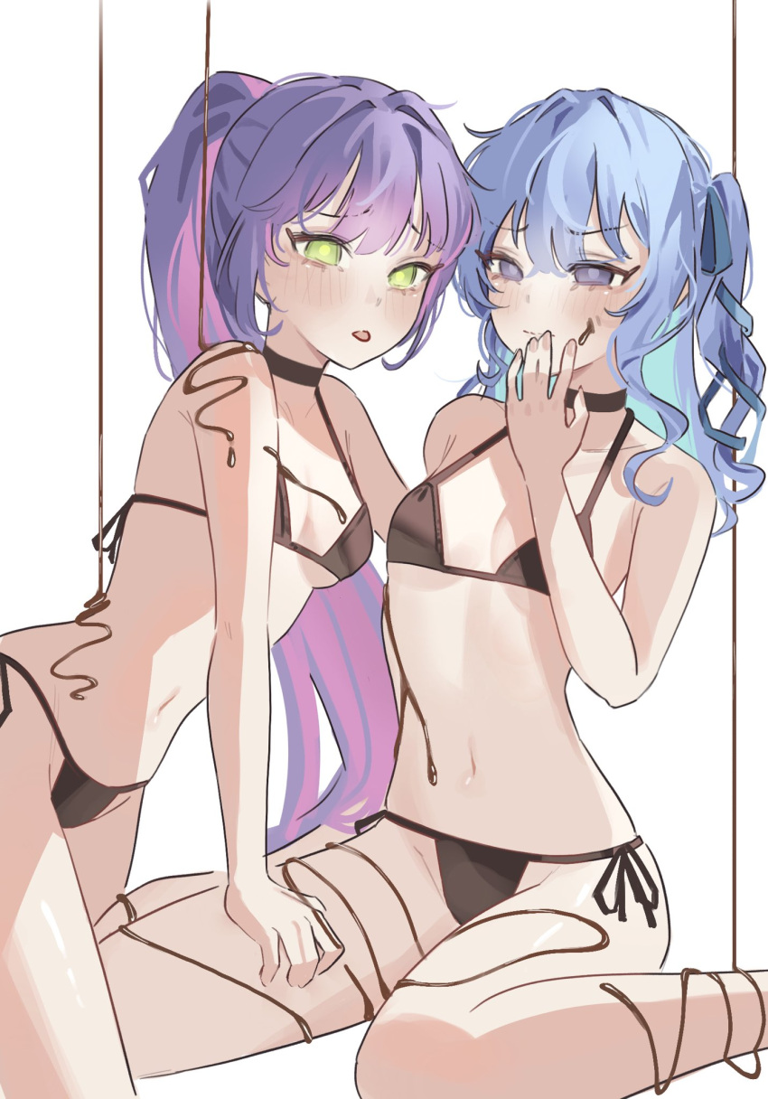 :p bikini black_bikini black_choker blue_hair breasts bright_pupils chocolate chocolate_on_body chocolate_on_face choker colored_inner_hair food food_on_body food_on_face gradient_hair green_eyes highres hololive hoshimachi_suisei light_blue_hair long_hair looking_at_viewer meme micro_bikini multicolored_hair navel pink_hair pink_nails ponytail purple_eyes purple_hair side-tie_bikini_bottom side_ponytail simple_background sitting small_breasts stomach string_bikini swimsuit tokoyami_towa tomanesan tongue tongue_out twitter_strip_game_(meme) very_long_hair virtual_youtuber wariza white_background