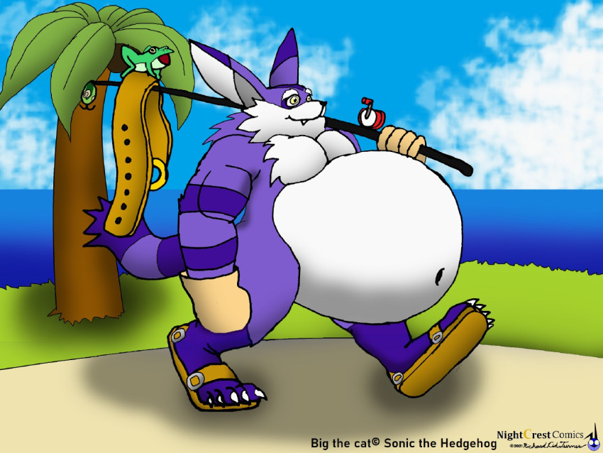 4:3 amphibian anthro beach belly belt big_belly big_the_cat chest_fur clothing domestic_cat duo english_text fangs felid feline felis fishing_rod footwear frog froggy_(sonic) fur gloves handwear k9manx90_(artist) kind male male/male mammal navel navel_outline obese obese_anthro obese_male open_belt overweight overweight_anthro overweight_male palm_tree plant sandals seaside sega sharp_teeth sonic_adventure sonic_the_hedgehog_(series) teeth text tree