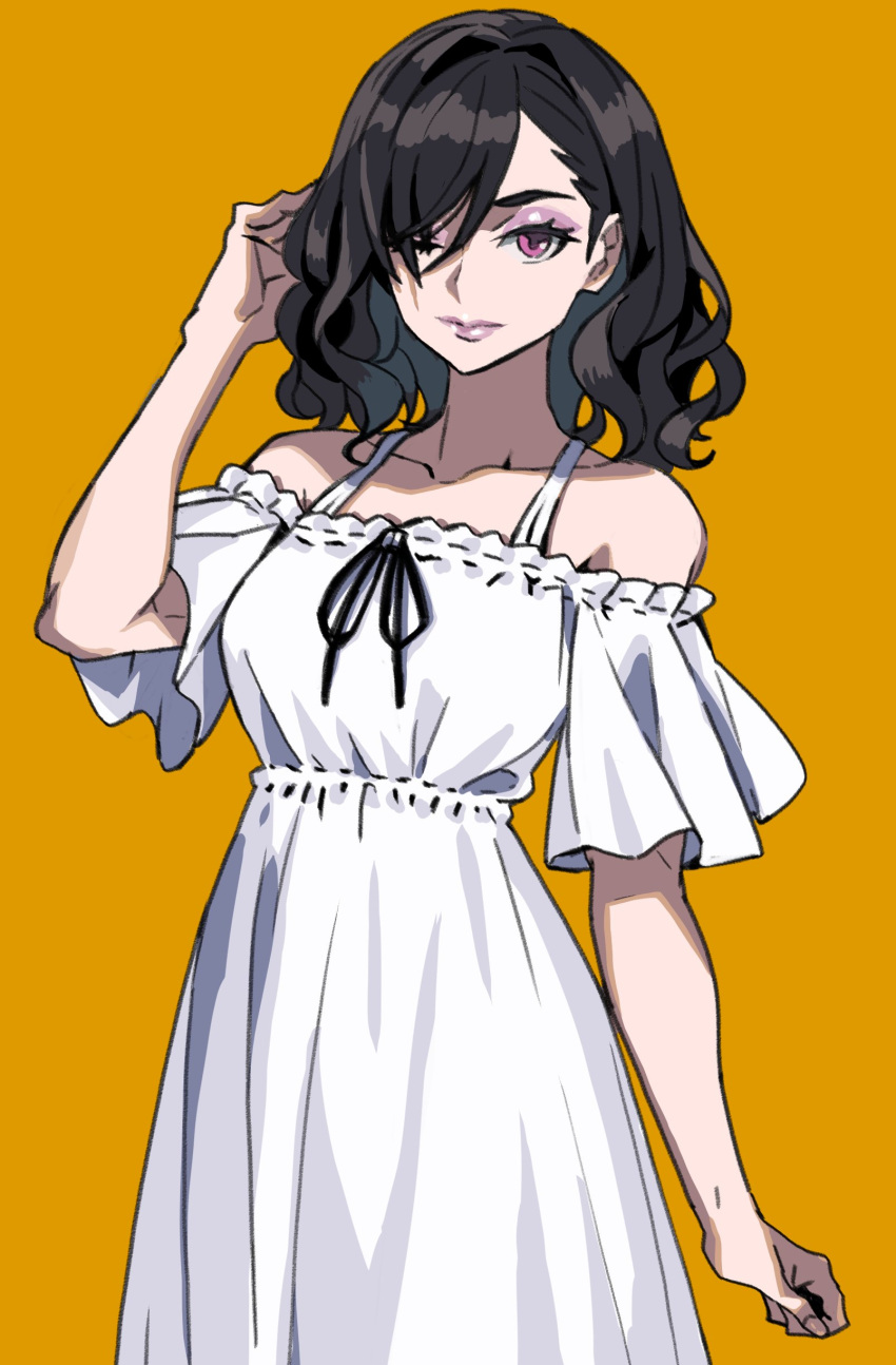 1girl absurdres alternate_costume alternate_hairstyle bare_shoulders berengaria_(unicorn_overlord) black_hair dress hair_over_one_eye highres lipstick looking_at_viewer makeup medium_hair noma_takafumi red_eyes scar scar_across_eye simple_background solo unicorn_overlord white_dress