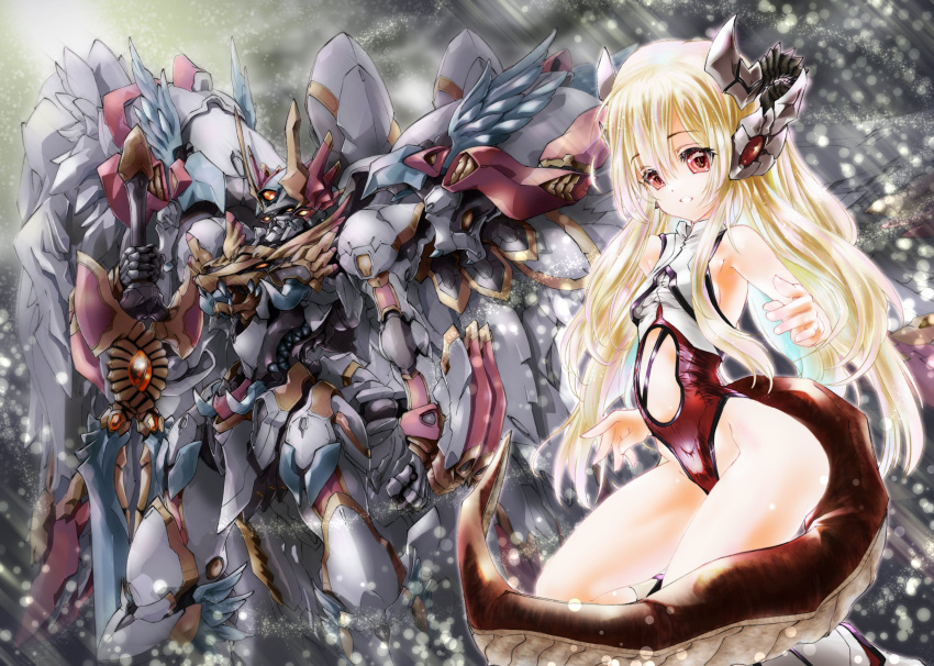 1girl absurdres bare_shoulders blonde_hair breasts clothing_cutout commentary dragon_girl dragon_horns dragon_tail eiji_(tfkn2723) english_commentary godgear_ragdrahod highleg highleg_leotard highres horns leotard long_hair looking_at_viewer mecha mechanical_horns red_eyes robot second-party_source small_breasts smile solo stomach_cutout tail