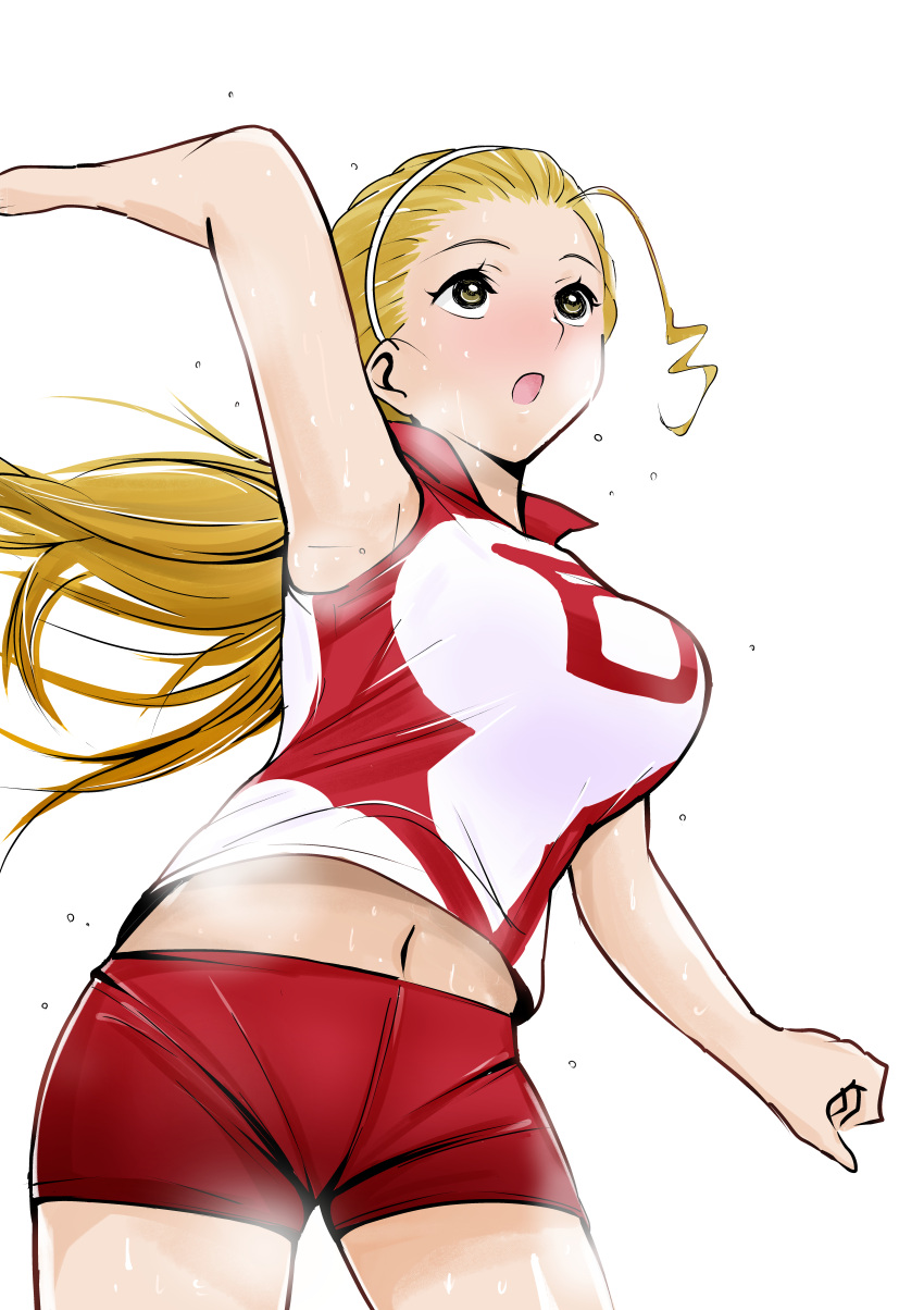 1girl absurdres arm_up armpits awanokami blonde_hair breath brown_eyes commentary girls_und_panzer hair_pulled_back hairband highres long_hair looking_to_the_side midriff_peek navel open_mouth ponytail red_shirt red_shorts sasaki_akebi shirt short_shorts shorts simple_background sleeveless sleeveless_shirt solo spiking sportswear sweat volleyball_uniform white_background white_hairband