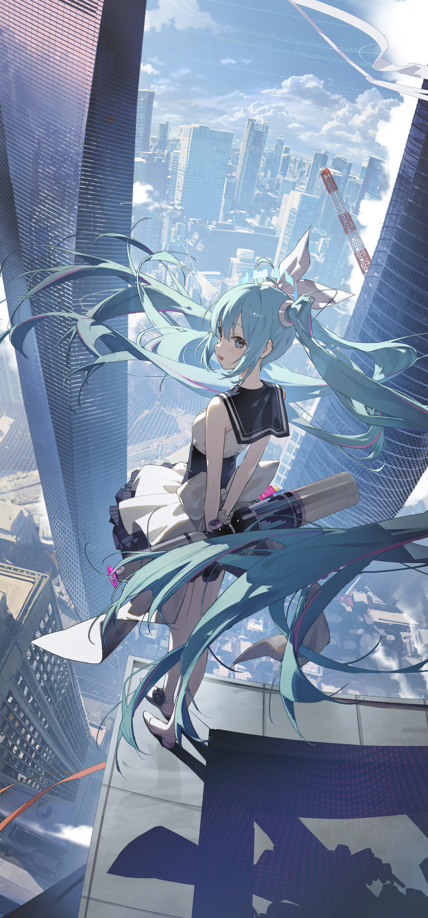 1girl absurdly_long_hair absurdres aqua_eyes aqua_hair arms_behind_back blue_archive blue_dress blue_halo blue_sailor_collar blue_skirt blue_sky bow building cityscape cloud coattails crane_(machine) dress flats from_behind gas_cylinder hair_bow hair_ornament halo hatsune_miku highres holding kieed long_hair looking_at_viewer multicolored_hair on_roof pleated_skirt rooftop sailor_collar skirt sky skyscraper sleeveless sleeveless_dress solo standing streaked_hair turning_head twintails two-tone_dress very_long_hair waist_ribbon white_bow white_dress white_footwear white_skirt wide_shot wind