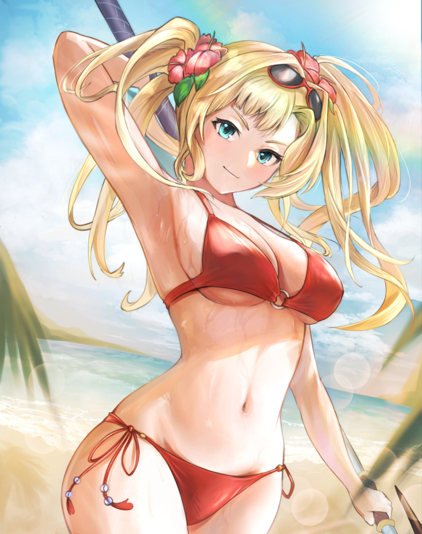 1girl arm_behind_head bbonk64 beach bikini blonde_hair blue_eyes breasts cleavage english_commentary eyewear_on_head flower granblue_fantasy hair_flower hair_intakes hair_ornament hibiscus highres holding holding_polearm holding_weapon large_breasts long_hair looking_at_viewer navel o-ring o-ring_bikini ocean official_alternate_costume outdoors polearm red_bikini side-tie_bikini_bottom smile solo sunglasses swimsuit twintails weapon zeta_(granblue_fantasy) zeta_(summer)_(granblue_fantasy)