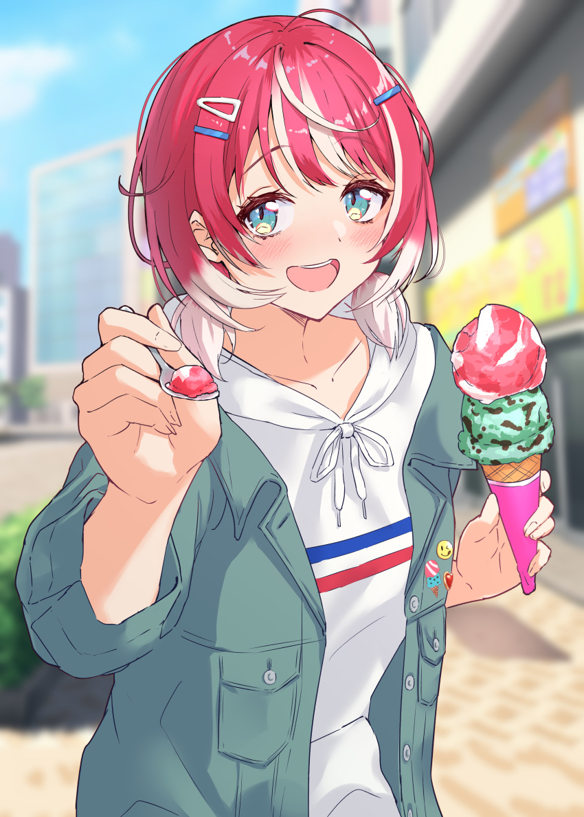 1girl absurdres aqua_jacket blurry blurry_background blush collarbone food grey_hair highres holding holding_ice_cream_cone holding_spoon hood hoodie ice_cream ice_cream_cone idolmaster idolmaster_va-liv incoming_food jacket looking_at_viewer multicolored_hair outdoors red_eyes short_twintails smile solo spoon tomori_manaka tonguewasabi twintails two-tone_hair upper_body white_hoodie