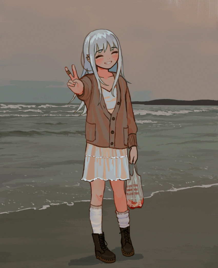 1girl bandaid bandaid_on_hand beach blood boots cardigan closed_eyes earrings flat_chest full_body grey_hair happy highres horizon io_(onisarashi) jewelry kneehighs muted_color ocean original sand scratches skirt sky smile socks solo v