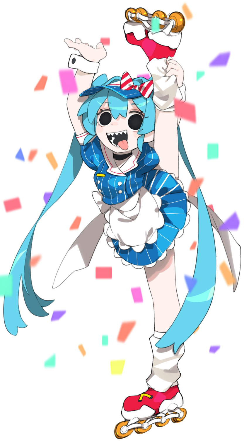 1girl :p absurdres apron aqua_hair arms_up back_bow black_choker black_eyes blue_dress blue_hat blurry blurry_background bow buttons cheri_zao choker confetti crazy crazy_smile dress hair_bow hair_intakes hat hatsune_miku highres holding_own_leg leg_up long_hair looking_at_viewer loose_socks mesmerizer_(vocaloid) open_mouth pinstripe_dress pinstripe_hat pinstripe_pattern red_footwear roller_skates sharp_teeth simple_background skates smile socks solo split standing standing_on_one_leg standing_split striped_bow striped_clothes striped_dress teeth tongue tongue_out twintails vertical-striped_clothes vertical-striped_dress very_long_hair visor_cap vocaloid white_apron white_background white_bow white_socks