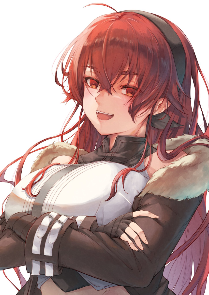 1girl :d aged_up ahoge arm_wrap black_hairband breasts brown_jacket commentary_request cropped_shirt crossed_bangs eris_greyrat fur-trimmed_jacket fur_trim hair_between_eyes hairband highres jacket large_breasts long_hair long_sleeves looking_at_viewer midriff mushoku_tensei off_shoulder open_clothes open_jacket open_mouth red_eyes red_hair saico_isshin shirt sidelocks simple_background sleeveless sleeveless_shirt smile solo standing teeth thick_eyebrows upper_body upper_teeth_only very_long_hair white_background white_shirt