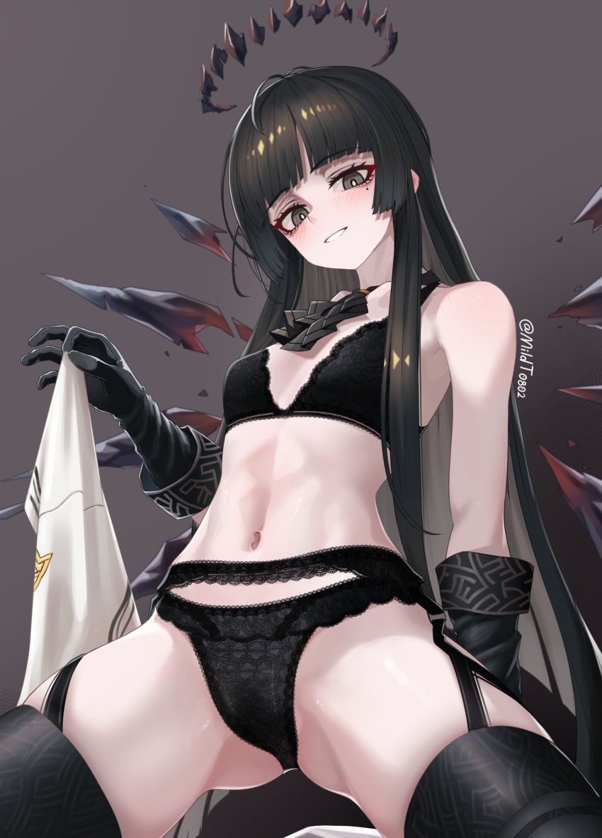 1girl absurdres antenna_hair arknights arm_support armpit_crease artist_name ascot ass bare_arms bare_shoulders black_ascot black_bra black_eyes black_garter_belt black_gloves black_hair black_halo black_panties black_thighhighs black_wings blunt_bangs blush bra breasts breasts_apart bright_pupils broken_halo brown_background collarbone commentary cowboy_shot dark_halo detached_wings energy_wings from_below garter_belt gloves gradient_background grin halo hand_up highres hime_cut holding holding_clothes holding_jacket jacket lace-trimmed_bra lace-trimmed_garter_belt lace-trimmed_panties lace_trim lingerie long_hair looking_at_viewer looking_down mildt mole mole_under_eye navel panties parted_lips shadow small_breasts smile solo spread_legs stomach straight_hair thighhighs thighs twitter_username underwear underwear_only unworn_jacket very_long_hair virtuosa_(arknights) white_jacket white_pupils wings