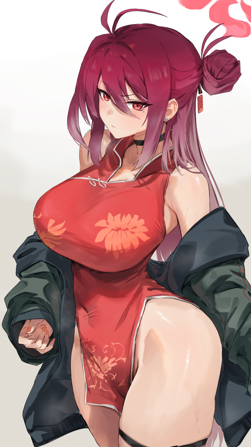 1girl absurdres antenna_hair belt black_choker blue_archive blush breasts china_dress chinese_clothes choker dress hair_between_eyes hair_bun halo highres jacket large_breasts letterman_jacket long_hair mole mole_on_chest mole_on_thigh mole_under_eye pelvic_curtain red_dress red_eyes red_hair red_halo reijo_(blue_archive) sakazuki_sudama single_side_bun solo thigh_belt thigh_strap white_background