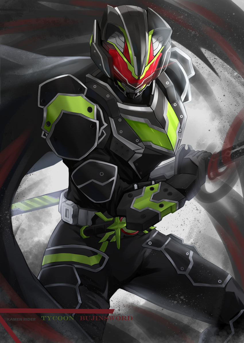 1boy absurdres animal_ears armor black_armor black_bodysuit bodysuit bujinsword_buckle cape character_name driver_(kamen_rider) fake_animal_ears glowing glowing_eyes green_armor highres holding holding_sword holding_weapon kamen_rider kamen_rider_geats_(series) kamen_rider_tycoon kamen_rider_tycoon_bujinsword katana male_focus power_armor raccoon_ears raise_buckle red_eyes red_visor sheath shoulder_armor sword tokusatsu unique_(pixiv12704744) unsheathing weapon