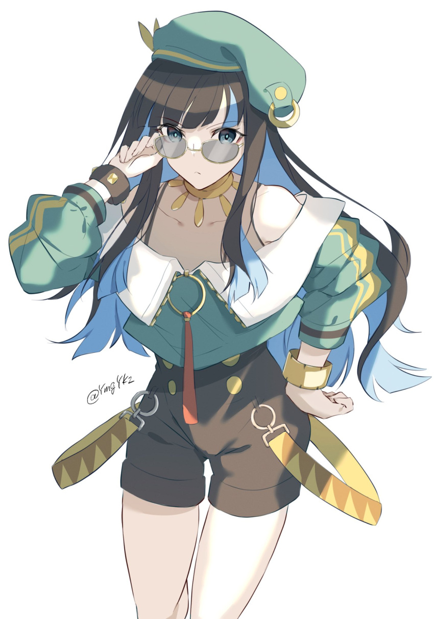 1girl bare_shoulders beret black_hair blue_eyes blue_hair buttons colored_inner_hair double-breasted fate/grand_order fate_(series) green_hat green_jacket hat highres jacket jewelry long_hair looking_at_viewer looking_over_eyewear multicolored_hair neck_ring o-ring off_shoulder round_eyewear shorts sidelocks simple_background solo sunglasses tenochtitlan_(fate) tenochtitlan_(second_ascension)_(fate) tinted_eyewear twitter_username wavy_hair white_background ymgyk2 zipper