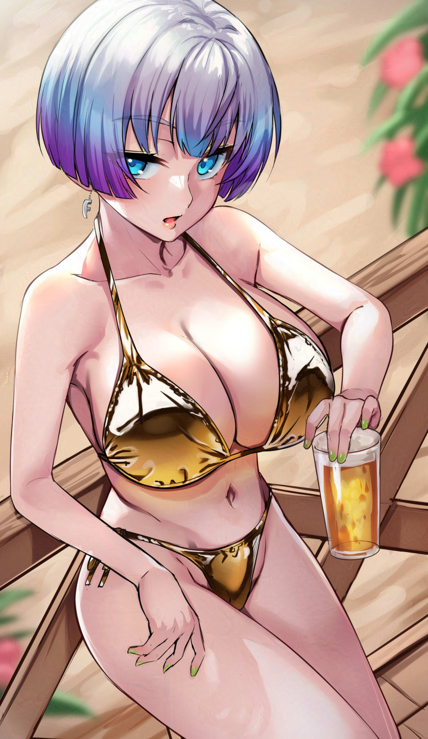 a.i._voice absurdres against_railing alcohol bare_arms beer bikini blue_eyes blue_hair blurry blurry_background breasts cleavage collarbone commentary_request cup depth_of_field earrings feet_out_of_frame gold_bikini gradient_hair green_nails highres holding holding_cup jewelry large_breasts leaning looking_at_viewer multicolored_hair nail_polish navel open_mouth purple_hair railing shirt short_hair swimsuit tenneko_yuuri two-tone_hair unoka