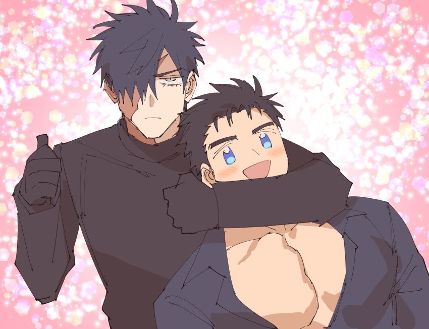 2boys armlock bara black_gloves black_hair black_sweater blue_eyes blush burn_scar bursting_pectorals domo_(domo_kizusuki) gloves grey_eyes hair_over_one_eye kokado_shido_(domo) kokuryu_kai_(domo) large_pectorals looking_at_viewer male_focus multiple_boys muscular muscular_male original pectoral_cleavage pectorals scar scar_across_eye scar_on_face shirt short_hair sideburns smile sparkle_background spiked_hair sweater thumbs_up tight_clothes tight_shirt toned turtleneck turtleneck_sweater upper_body