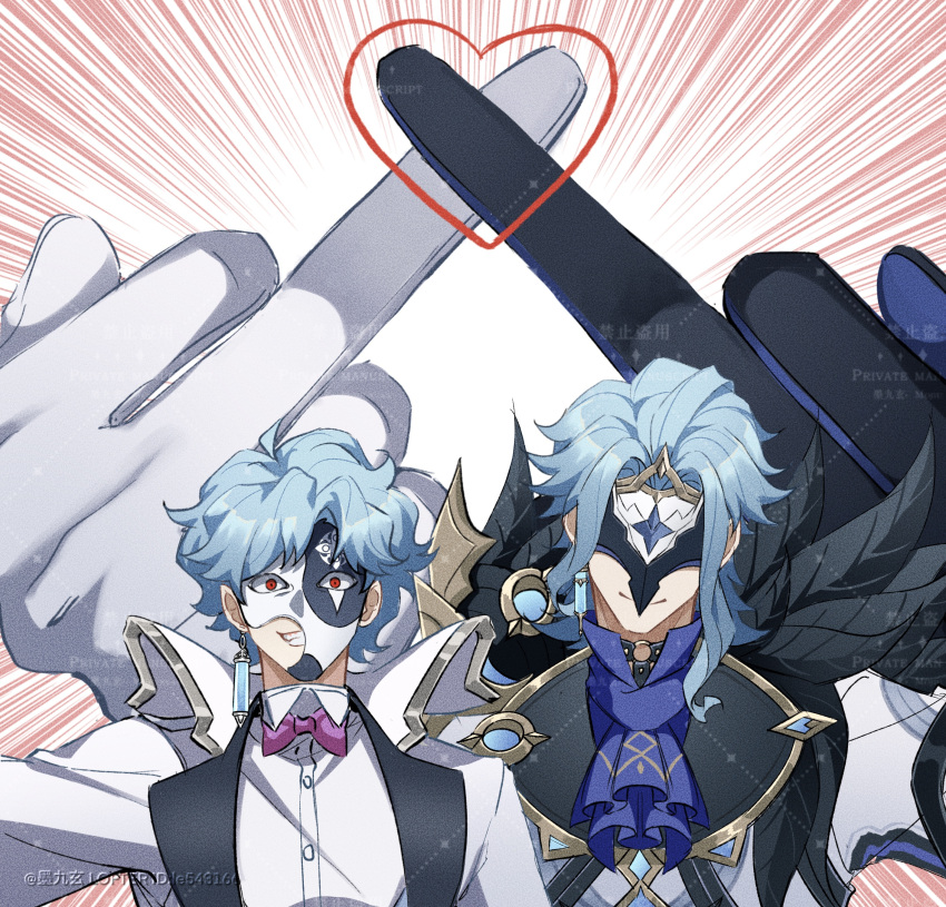 2boys absurdres artist_name ascot black_choker black_gloves blue_ascot blue_gloves blue_hair bow bowtie buttons chinese_commentary choker closed_mouth coat collared_coat collared_shirt commentary_request covered_eyes dottore_(genshin_impact) dual_persona earrings emphasis_lines eye_mask feather_trim genshin_impact gloves gold_trim grin heart highres jewelry lapels lofter_username looking_at_viewer male_focus mask mojiuxuan multiple_boys o-ring o-ring_choker open_clothes open_coat parted_bangs pink_bow pink_bowtie red_eyes shirt short_hair sidelocks simple_background single_earring smile teeth two-tone_gloves upper_body watermark white_background white_coat white_gloves white_shirt