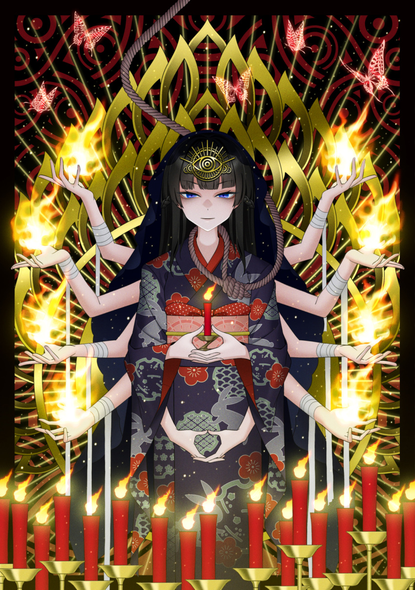 1girl abstract_background bandaged_wrist bandages black_background black_border black_hair black_kimono blue_eyes border buddhism bug butterfly candle candlestand closed_mouth commentary_request dhyana_mudra extra_arms feet_out_of_frame fire floral_print_kimono half-closed_eyes highres hinoyama_ena hirabitai holding holding_candle japanese_clothes kimono light_particles long_hair long_sleeves looking_at_viewer mudra nijisanji noose obi obiage obijime pyrokinesis red_background rope_around_neck sash smile solo standing third_eye tsukino_mito tsukino_mito_(12th_costume) two-tone_background virtual_youtuber wide_sleeves