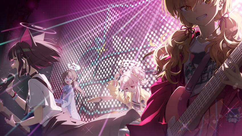 4girls absurdres after-school_sweets_club_(blue_archive) airi_(blue_archive) animal_ears black_choker blonde_hair blue_archive blue_eyes brown_hair choker drum drumsticks green_halo guitar halo highres instrument jacket kazusa_(blue_archive) long_hair mask medium_hair microphone multiple_girls natsu_(blue_archive) open_mouth penguin_say pink_hair pink_halo pink_jacket red_eyes shirt smile twintails white_shirt wreck-it_ralph yellow_eyes yellow_jacket yoshimi_(blue_archive)