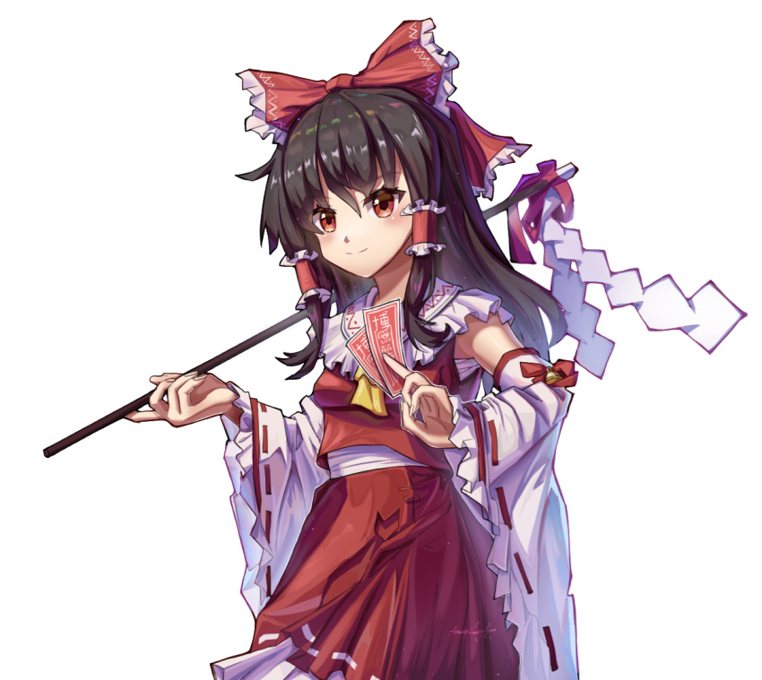 1girl admiral0828 ascot bow brown_eyes brown_hair closed_mouth commentary_request detached_sleeves frilled_bow frilled_hair_tubes frills gohei hair_bow hair_tubes hakurei_reimu holding holding_gohei holding_ofuda light_blush long_hair looking_at_viewer nontraditional_miko ofuda red_bow red_shirt red_skirt shirt simple_background skirt smile solo touhou white_background wide_sleeves yellow_ascot