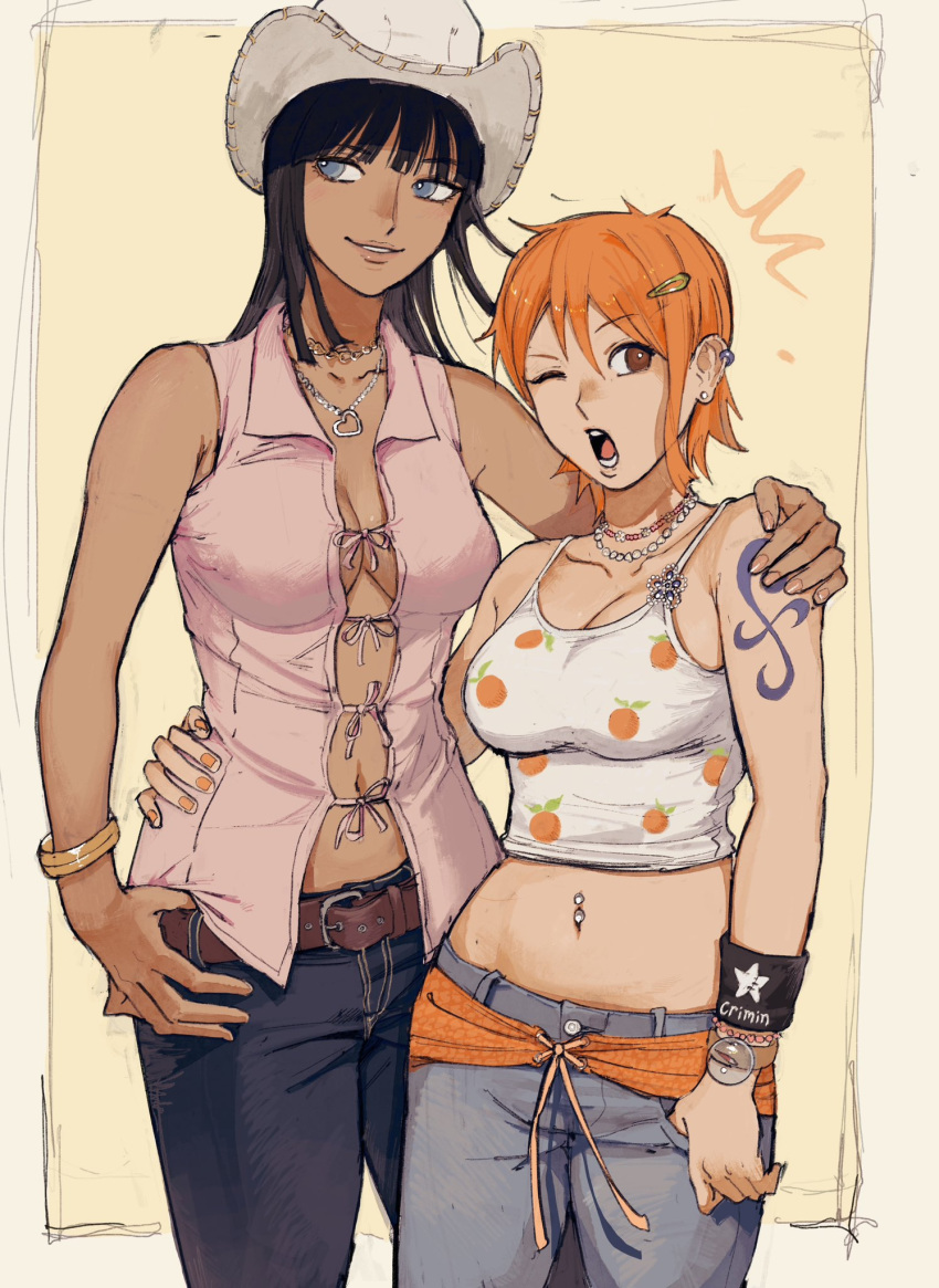 2girls arm_tattoo belt black_hair blue_eyes blush cowboy_hat dark_skin denim giganticbuddha hat highres jeans multiple_girls nami_(one_piece) navel nico_robin one_eye_closed one_piece orange_hair pants short_hair smile tattoo